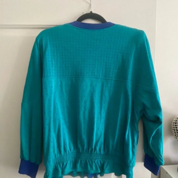 80s Turquoise Blue Polka Dot Peplum Sport Zip Sweater - Picture 4 of 4